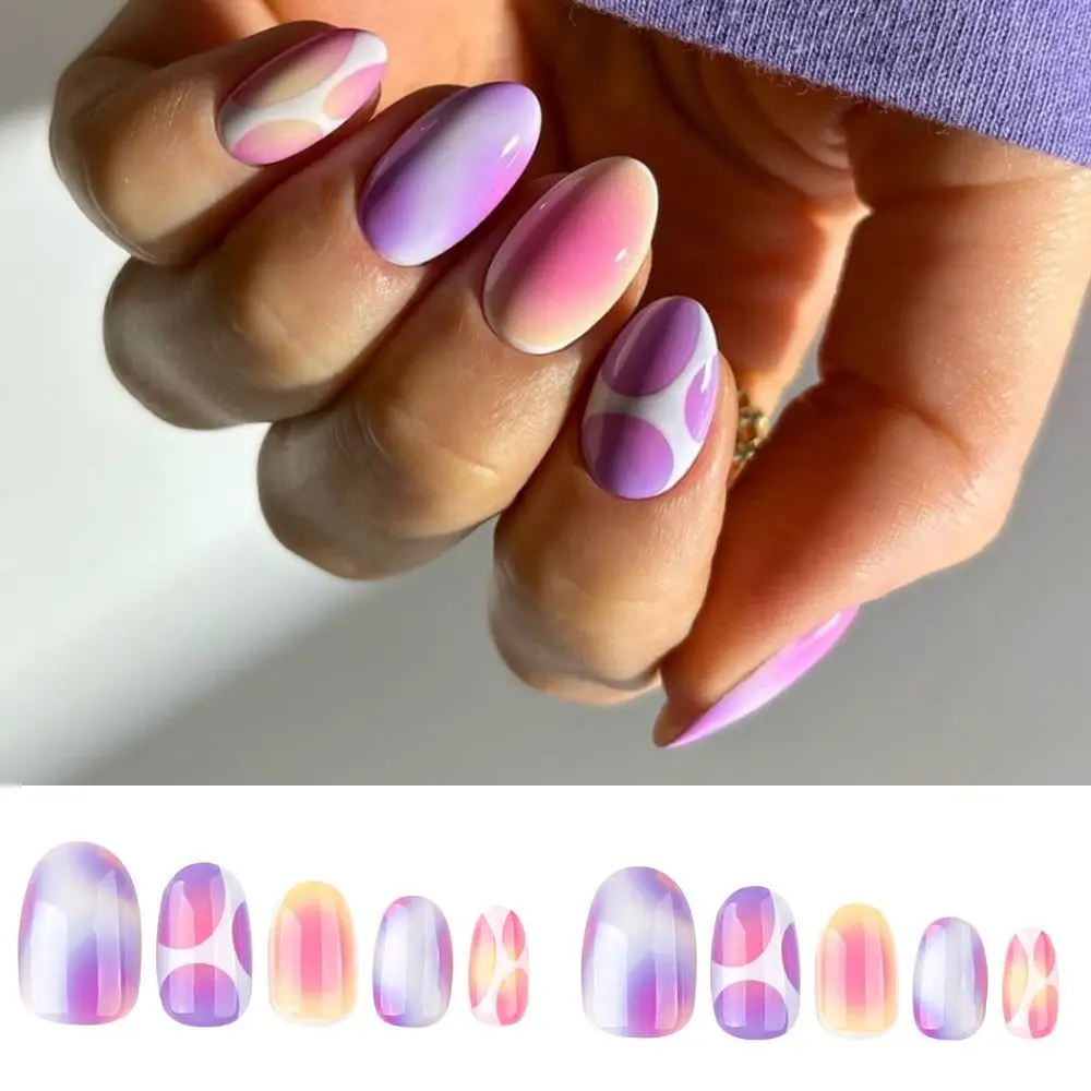 

Маникюрные овальные накладные ногти, французские накладные ногти с цветными блоками, градиентные съемные накладные ногти для женщин