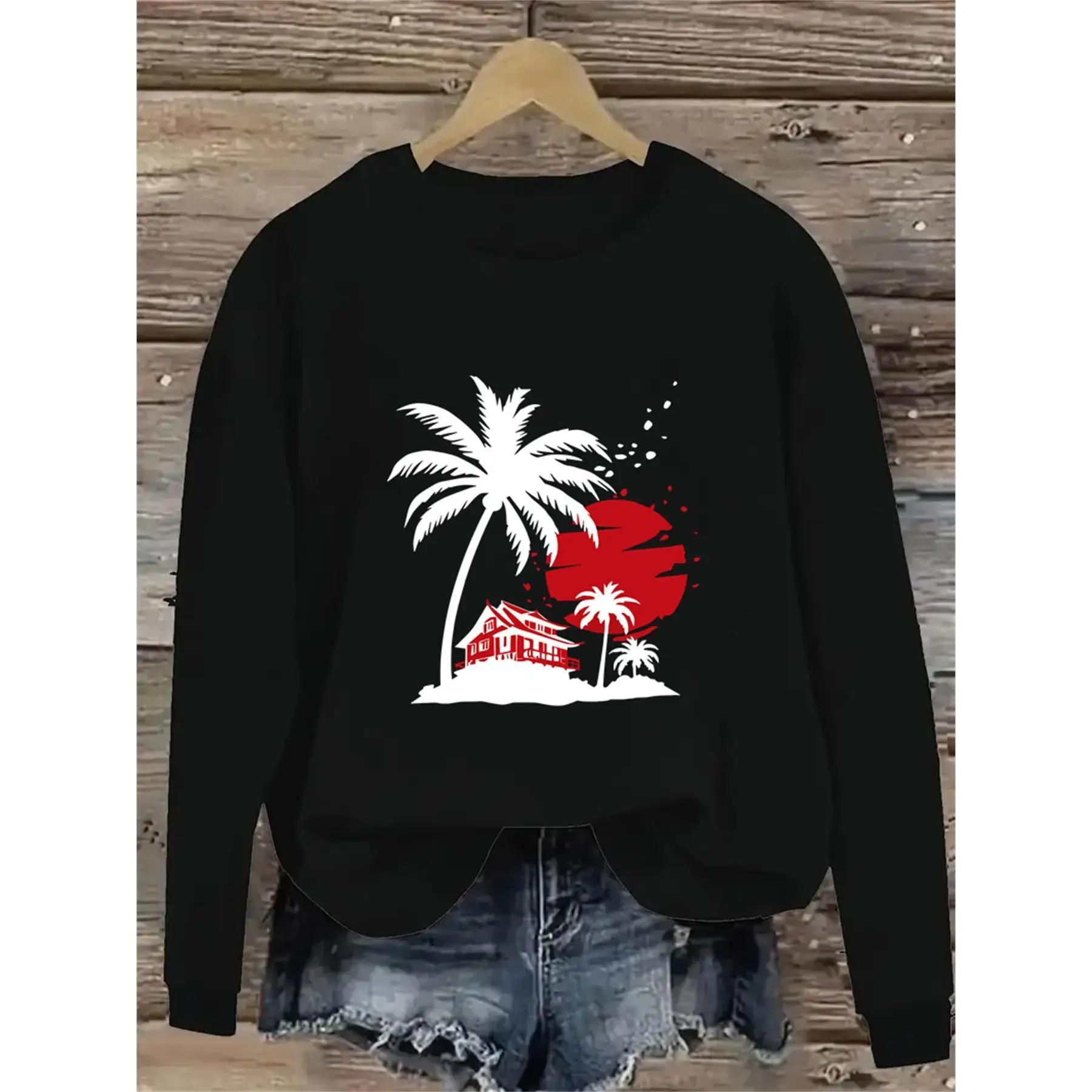 

Tropical Beach Sweatshirt Unisex Palm Tree House Graphic Pullover Sunset Ocean Lover Minimalist Cotton Top Vacation Gift