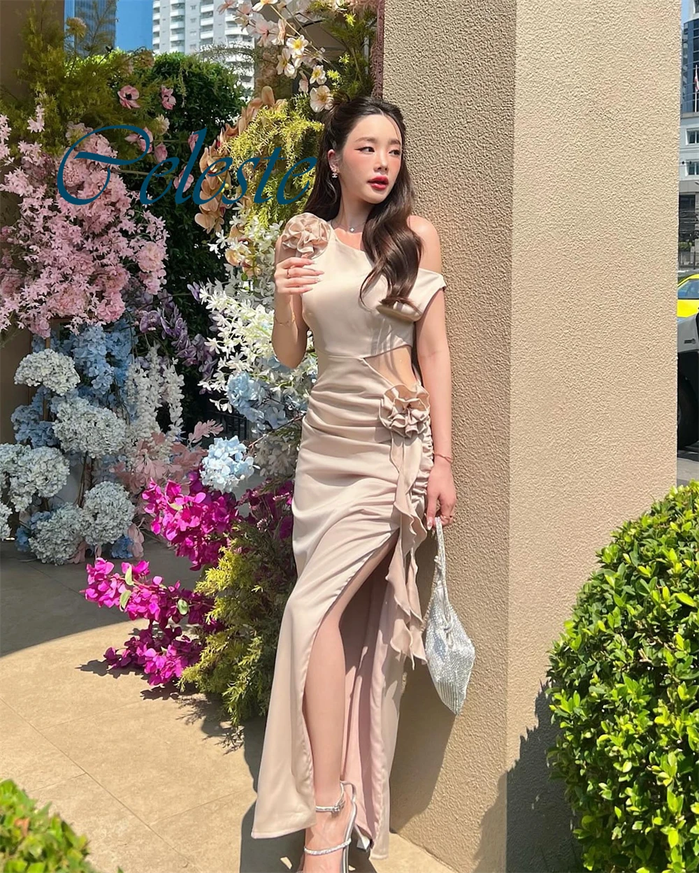 

Customized Elegant One Shoulder Sleeveless Evening Dress High Quality Satin Flower Prom Dresses Delicate Homecoming Gowns