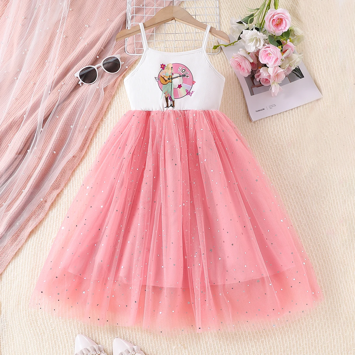 Girls Summer Dress Cartoon Graphic Tank Dress Starry Mesh Tutu Skirts Princess Party Outfits Streetwear for 5-12Y