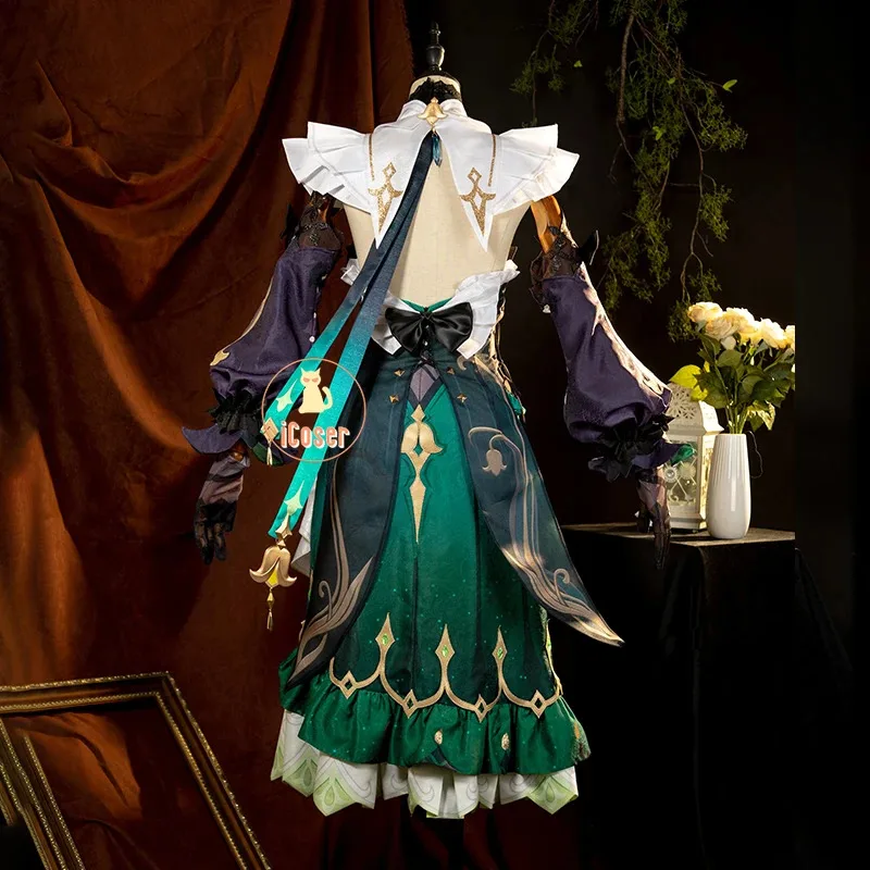 

25COSGenshin Impact Emilie Косплей Костюм Парик Платье Униформа Серьги Очки Шляпа Фонтейн Розы и мышцы Хэллоуин Вечеринка Wom