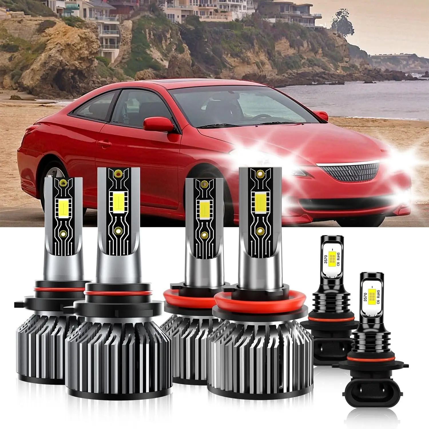 Compatible For Toyota Solara 2004-2006 9005 H11 High/Low Beam 9005 Fog Light Bulbs,600% Brightness 6500K White with Cooling Fan