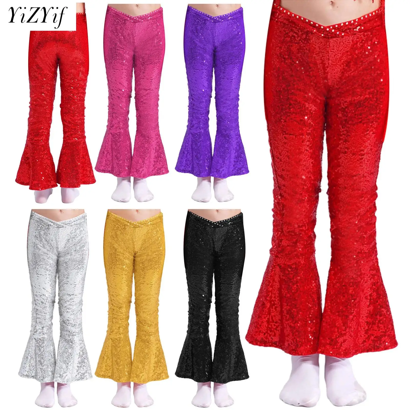 

Kids Girls Flare Pants Latin Jazz Belly Dance Competition Costume V-Front Leggings Bell-bottom Party Stage Performance Dancewear