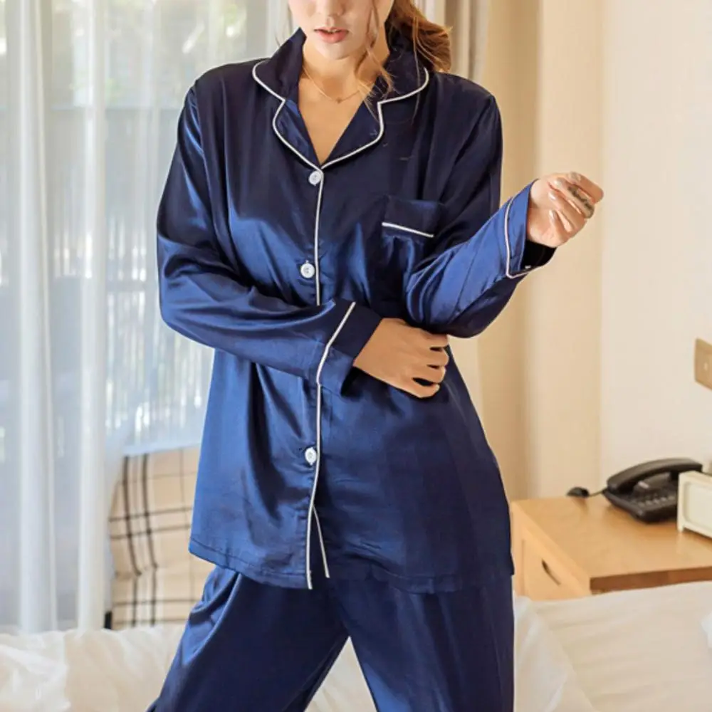 Damska jedwabna satynowa piżama z długim rękawem koszula spodnie zestaw piżam Pijama Lady Loungewear seksowna bielizna nocna Loungewear Conjuntos De Pijama