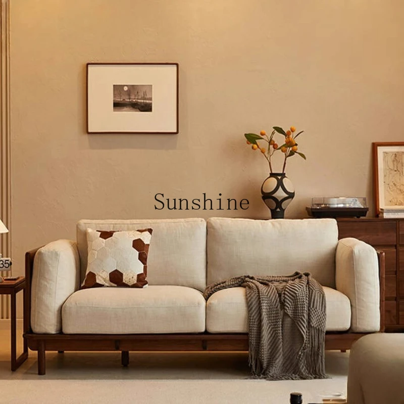 

Living room modern simple solid wood straight row sofa medieval removable and washable fabric three people