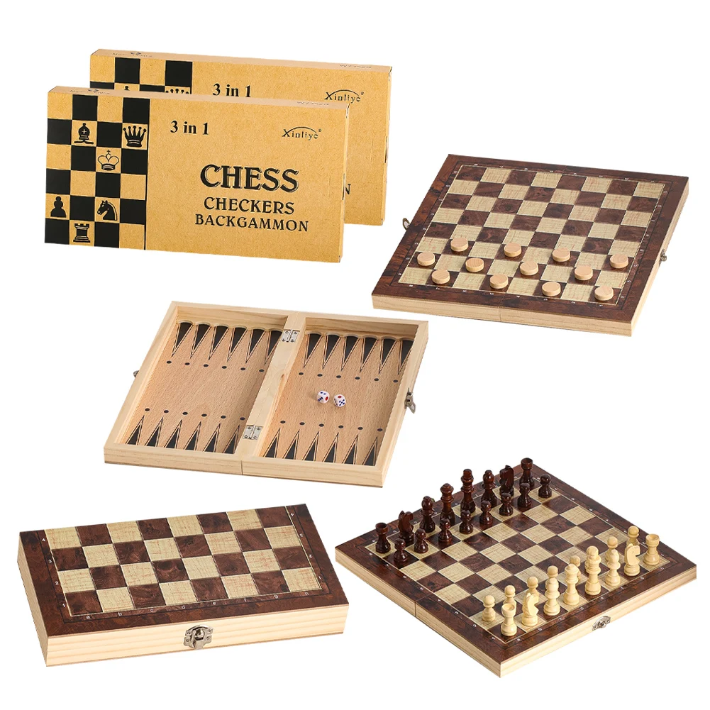 Wooden 3-in-1 Checkers Backgammon and Chess Set Model Suitable for Parties Travel Portable Foldable Chessboard Game Gift