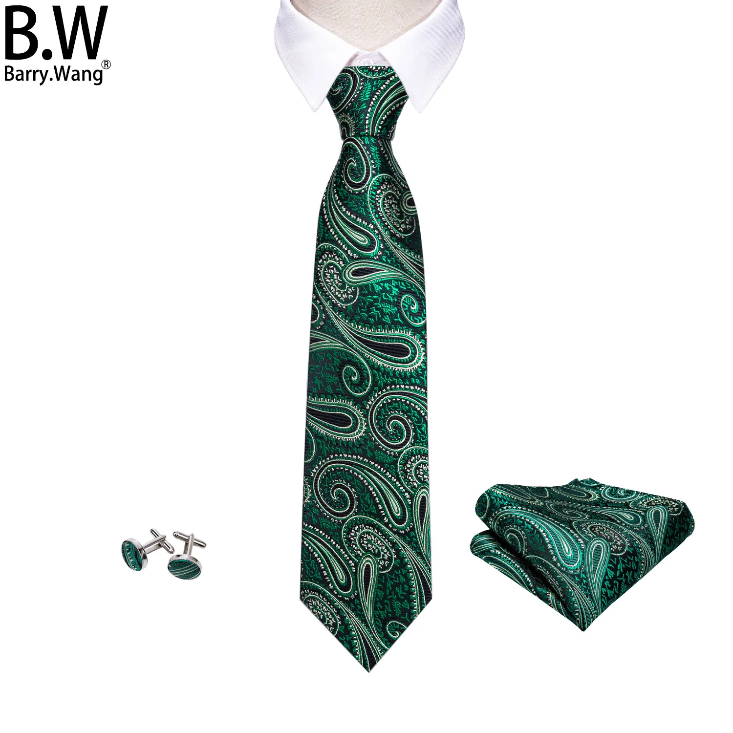 

Barry.Wang Jacquard Paisley Silk Men Tie Pocket Square Cufflinks Set Green Gold Blue Pink Necktie for Male Wedding Business Gift