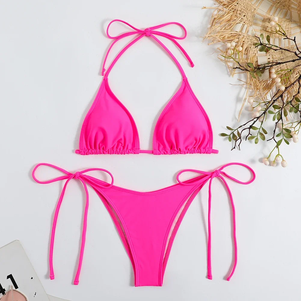 

Sexy Women Split Body Suspender G-String Thong Solid Color Bikini Set Halter Tie Swimsuit Swimwear Soft Ladies Bikini Swimsuit