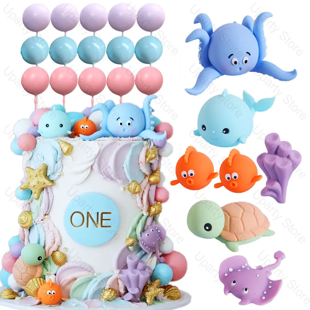 22Pcs Sea Animals Cake Toppers Pink Blue Balls Cute Fish Turtle Whale Octopus Cake Stands for Under the Sea Birthday Cake Decor