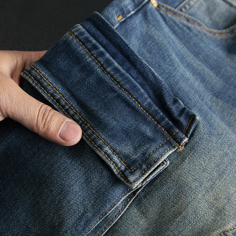 Multi pocket patchwork jeans for men, slim fit with small feet and elastic American retro high-end motorcycle riding trend pants