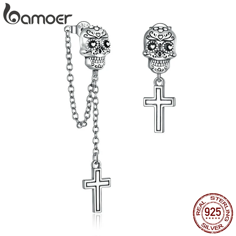 bamoer 2020 Authentic 925 Sterling Silver Skull with Cross Stud Earrings for Women Silver ear earring Jewelry BSE419