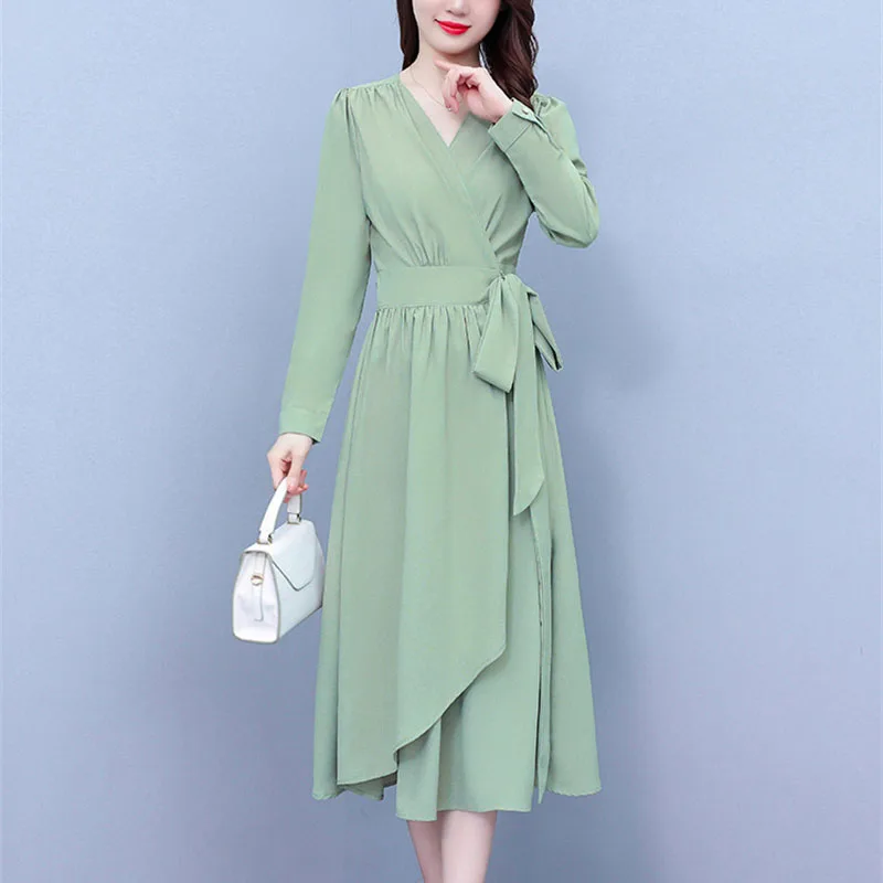 

2023 New Spring Summer Women's Clothes Long Sleeved Dress V-neck Solid Lace-up Slim Elegant Female Maxi Dresses Lady Beach Dress
