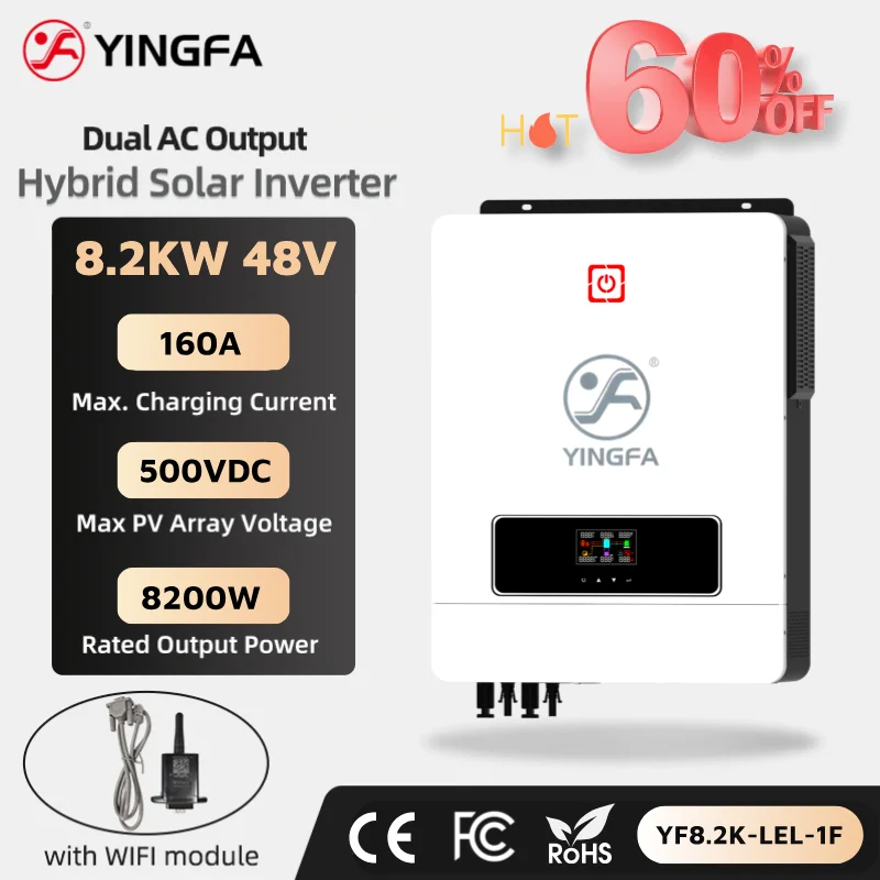 

YINGFA 8.2kW 8200W Hybrid Inverter 48V 220V 230V 120A MPPT Charge Controller Dual Output On Off Grid BMS Wifi Solar PV Inverter