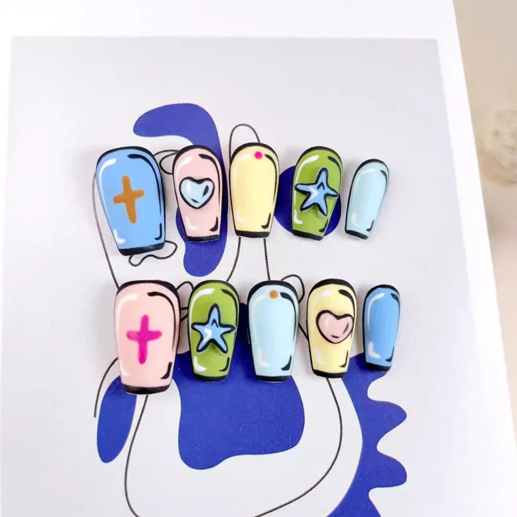 10Pc Cartoon False Nails Handpainted Nail Art Cute Funny Fake Nails Handmade Nail Tip Ballet Press on Nails Short Full Over Nail