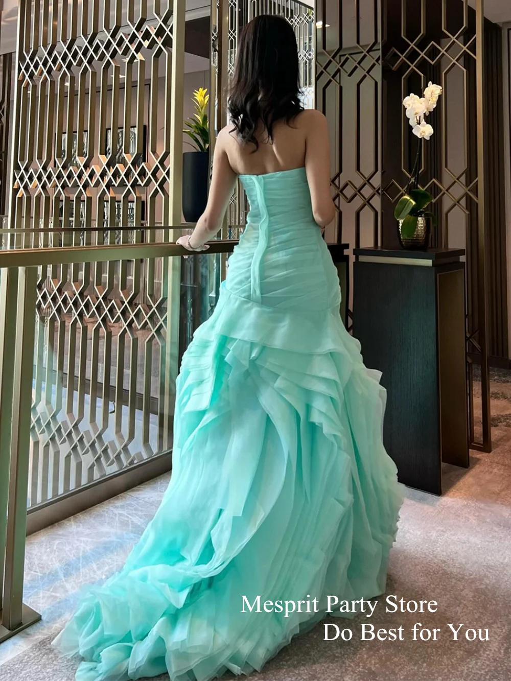 Mint Formal Occasion Dresses Strapless Sleeveless Pleat Ruffles Organza Mermaid Prom Party Gown Saudi Arab Evening Dress