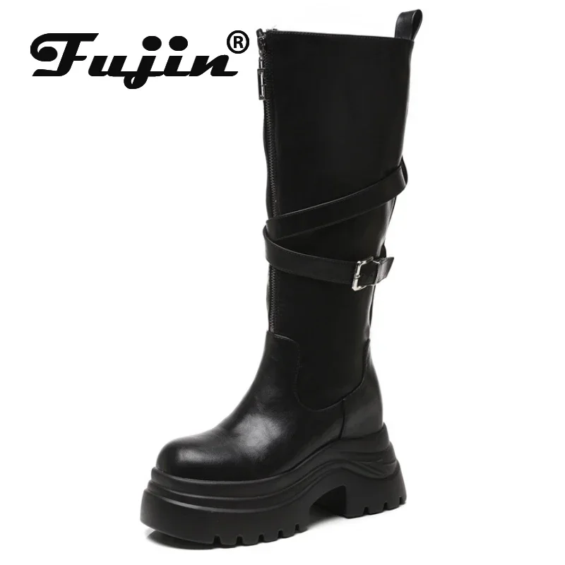 Fujin 9cm Microfiber Women Boots Knee High Fashion British Ankle Spring ZIP Synthetic Boots Leather Autumn Platform Wedge Shoes