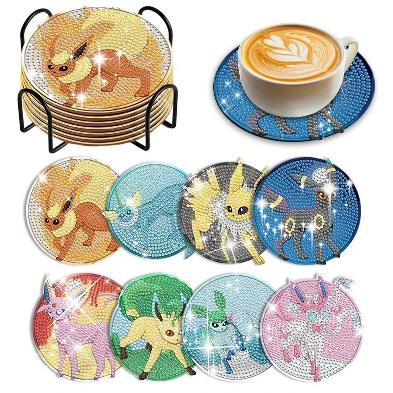 8Pcs Pokemon Diamond Painting Coasters Set with Holder DIY Diamond Art Mosaic Drink Cup Pad Table Placemat Home Decor Craft Gift