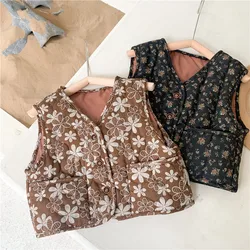 Girls' Floral Vest Autumn and Winter Fashion Children's Quilted Vest All-match Girl Baby Flower Retro Vest Warm Cotton Vest