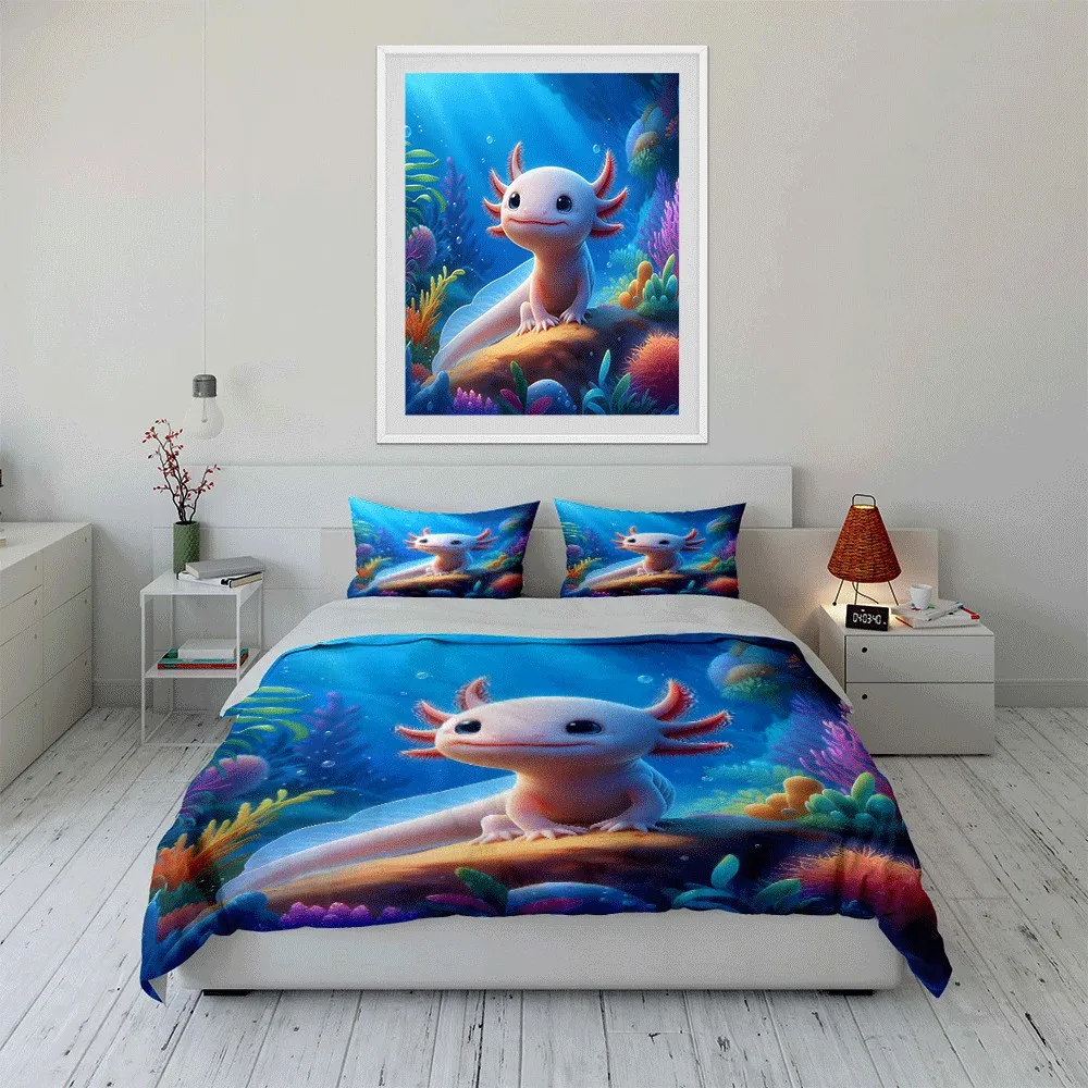 

"Axolotl-Themed Underwater Decor Set" Exquisite three-piece bedding set gift for kids and adults