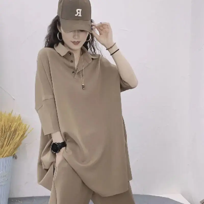 Fashion T Shirts Sets  Women Casual Loose Oversized Polo Shirt Pants Two Piece Set Korean Style Tshirt Suits Aesthetic Clothes