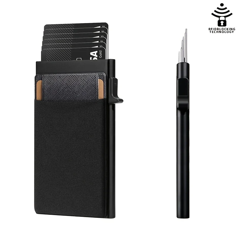 Anti-theft RFID Blocking Side Push Pop-Up ID Credit Card Holder Business Wallet For Men Minimalist Design Card Box