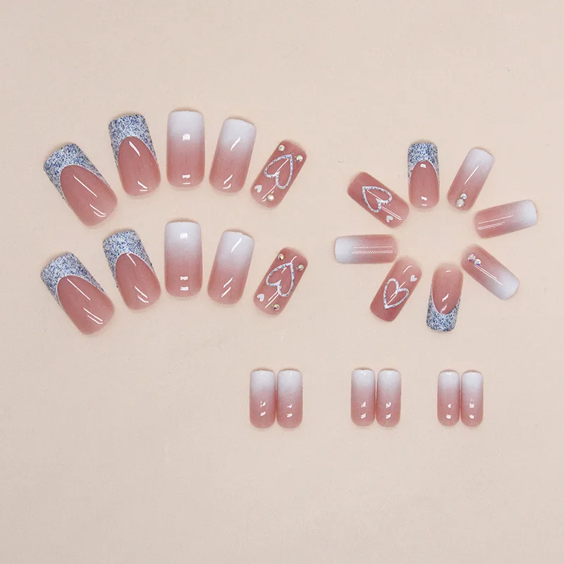 24 pièces d'ongles d'amour courts dégradés français avec 1 gel de gelée et 1 lime à onglesQHZ758