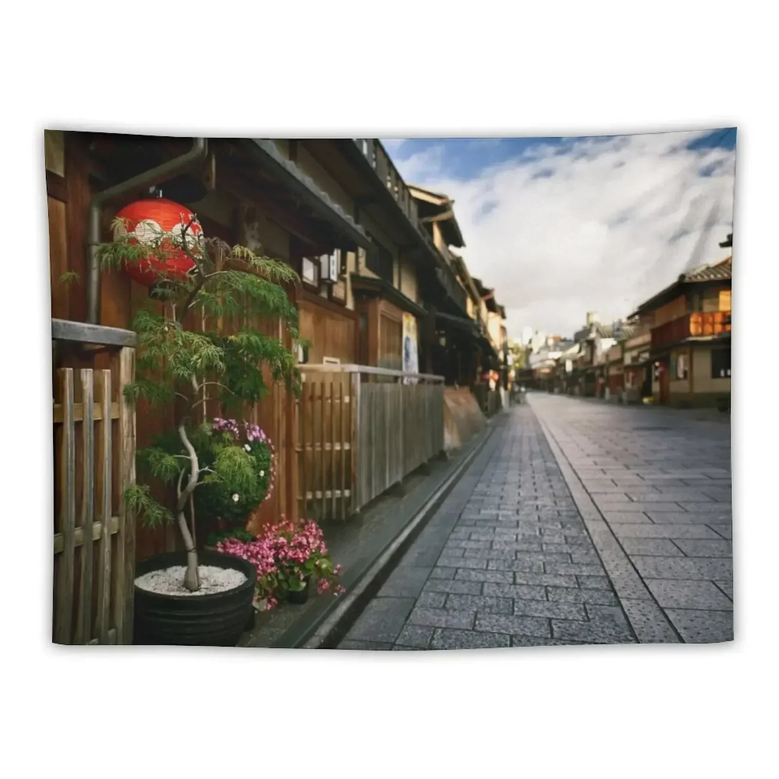 Traditional Japanese tea house with red lantern and bonsai tree at the entrance art photo print Tapestry