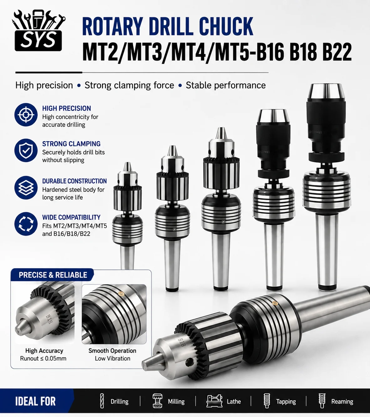 NEW Rotary Drill Chuck Lathe Tailstock Mohs MT2/MT3/MT4/MT5 B16 B18 B22 with Self Tightening Drill Chuck Rotating Rotary Top Pin
