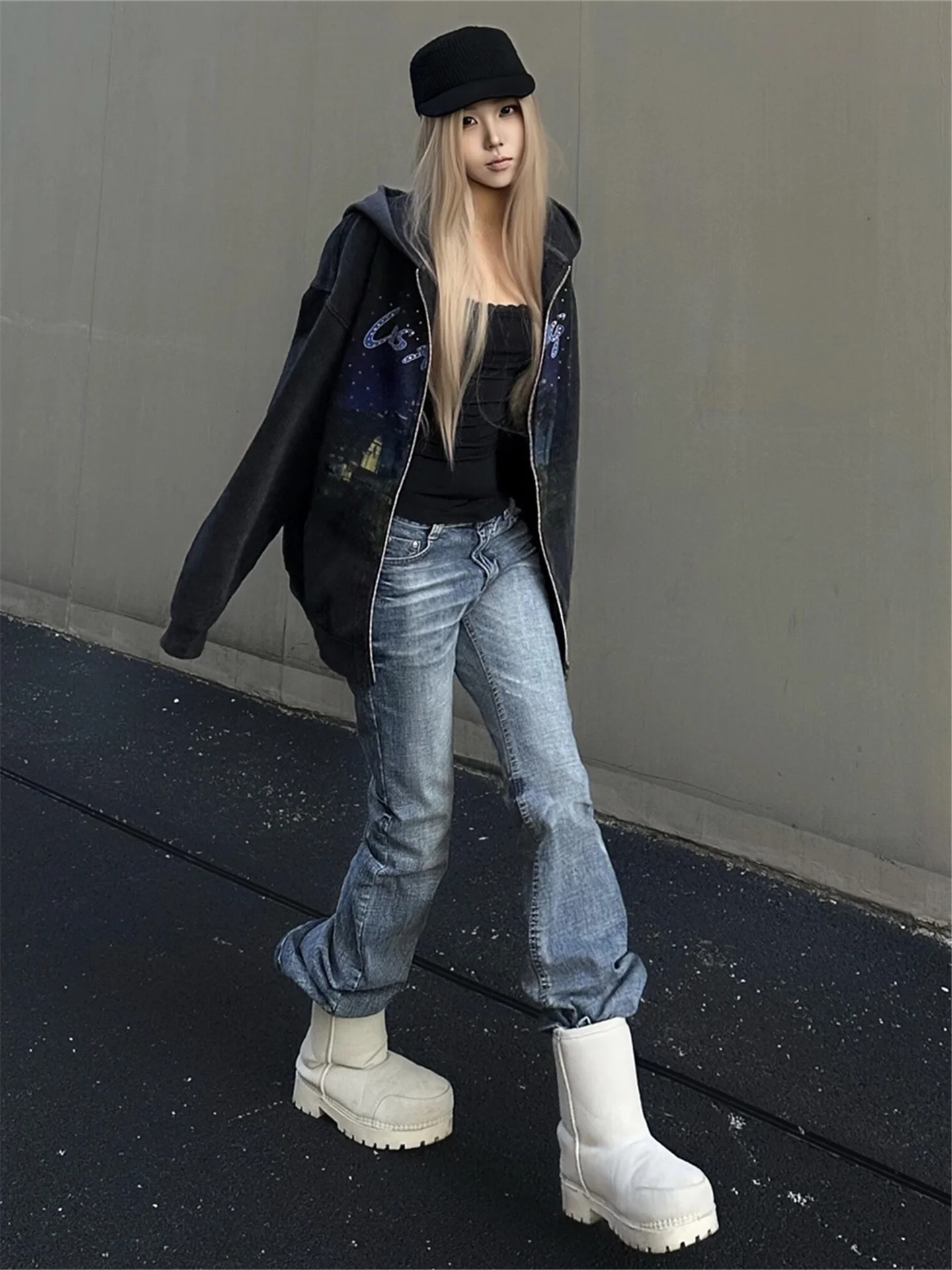 

Американские джинсы в стиле ретро, синие, расклешенные, женские, утягивающие, с низкой посадкой, повседневные, хлопковые, прямые, с карманами на молнии