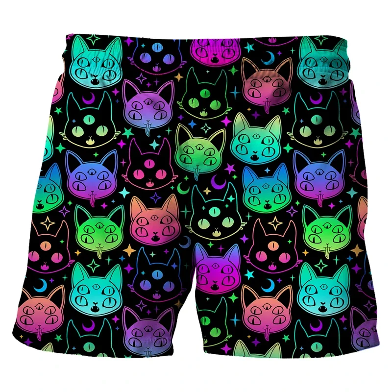 

Men's psychedelic mushroom print beach shorts, neon cat pattern, unique, drawstring, Harajuku summer shorts