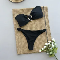 Seksowny metalowy pierścień czerwone zestawy bikini bandeau strój kąpielowy kobiety stroje kąpielowe bez ramiączek wysokie cięcie strój kąpielowy bikini Mujer kąpiący