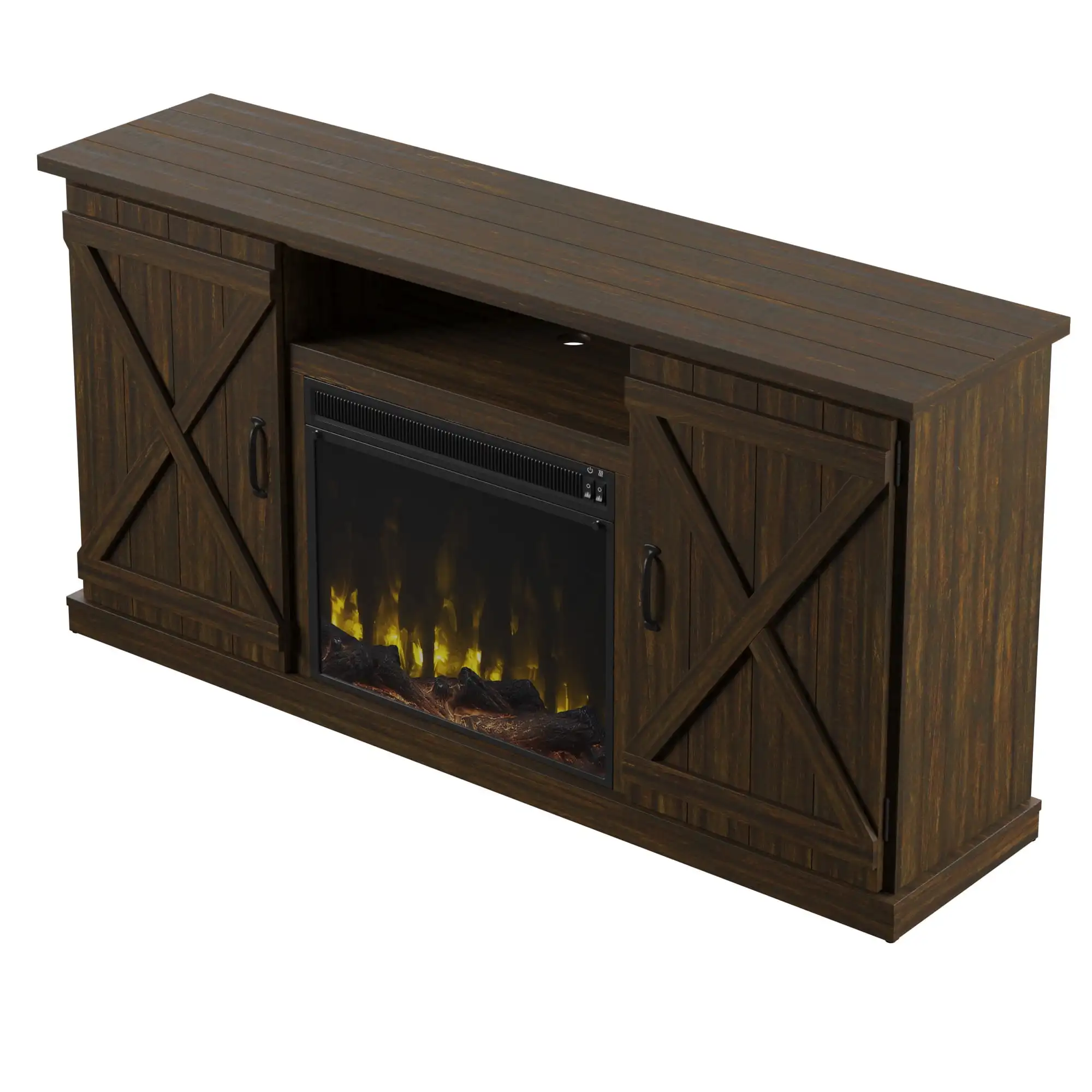 Barn Door TV Stand for TVs up to 70 inches with ClassicFlame Electric Fireplace, Sawcut Espresso | USA | NEW