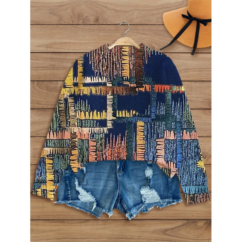 

Женский вязаный пуловер в стиле ретро в стиле пэчворк с цифровым принтом, толстый, свободный крой, с круглым вырезом и длинными рукавами, осень/зима, повседневный стиль