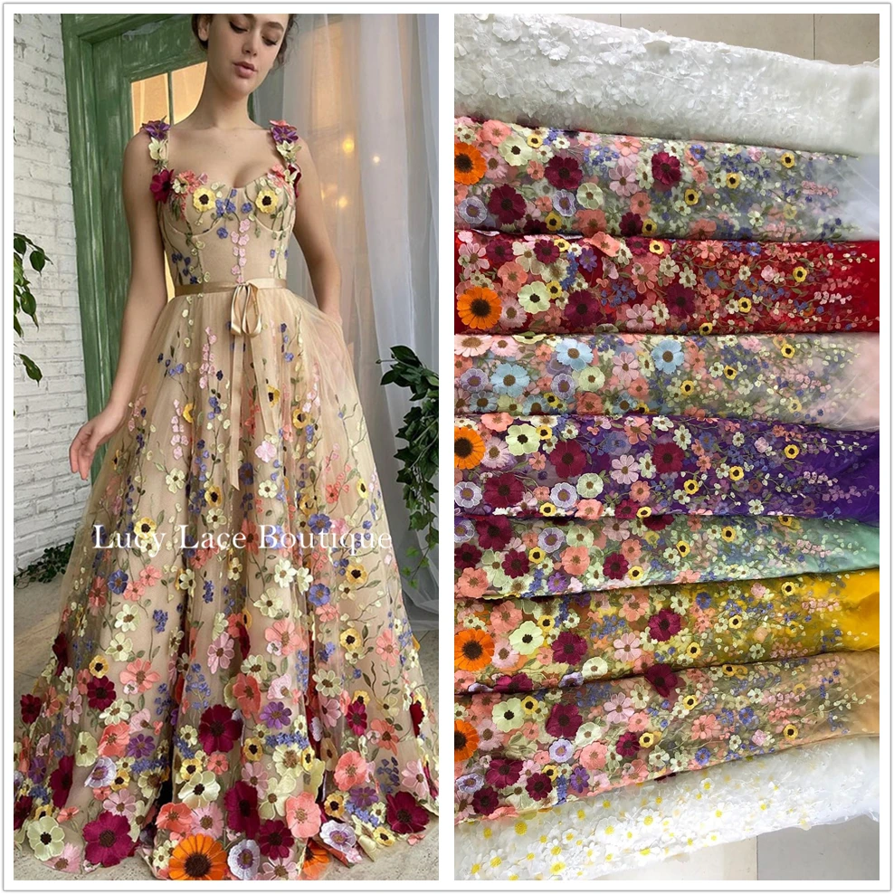 Luxury 2D Appliqued Flowers Lace Fabric Multi-colored Dress Lace Material Wholesale 2022 Free Shipping