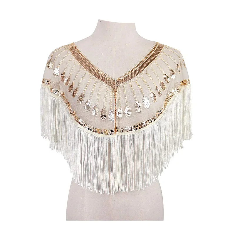 New Women's 1920s Mesh Sequin Wedding Cape Evening Shawl Wrap Roaring 20's Beaded Cape Fringed Gatsby  Flapper Dress Accessories