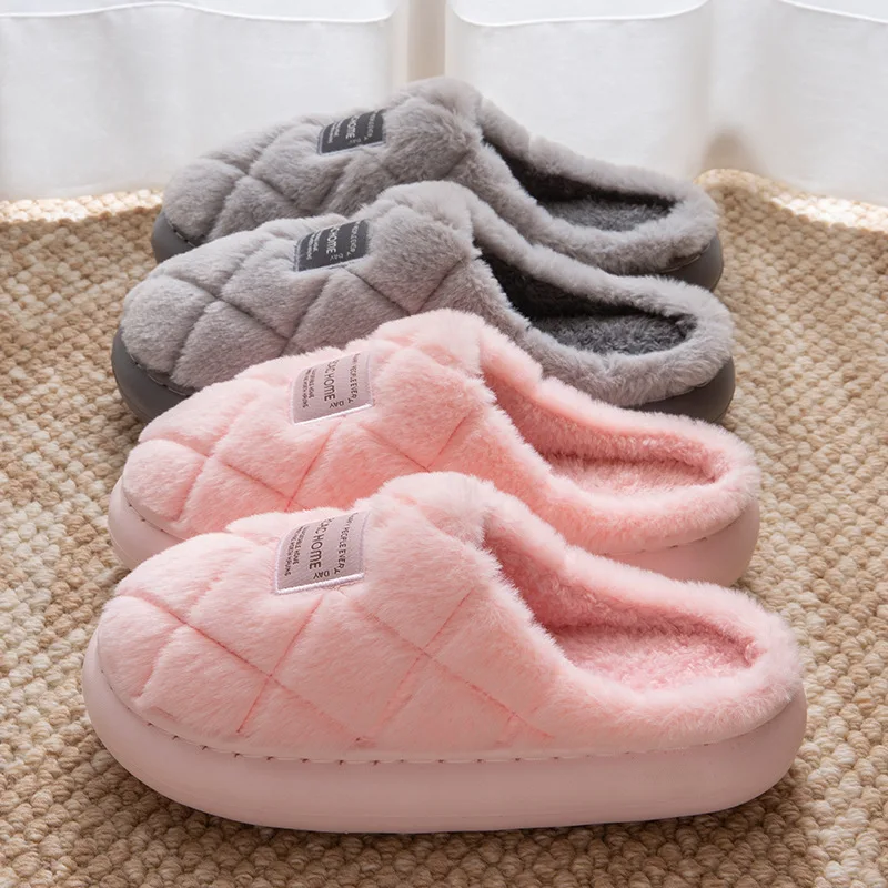 Women Fur Fluffy House Slippers Winter Warm Thick Sole Plush Shoes Indoor Slip On Fuzzy Cotton Slides Lady Furry Slipper