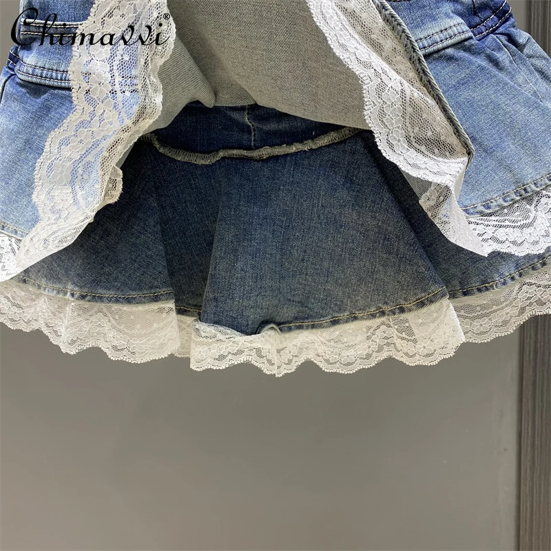 Mn Sweet-Jupe en jean taille haute pour femme, jupe en jean épissée, jupe bouffante en forme de A, bord à volants, épice, printemps et été, nouveau, 2025