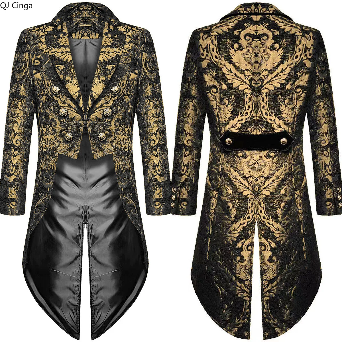 Golden Men's Gothic Steampunk Tailcoat, Black Embroidered Trench Coat, Party/stage Performance Long Jacket.