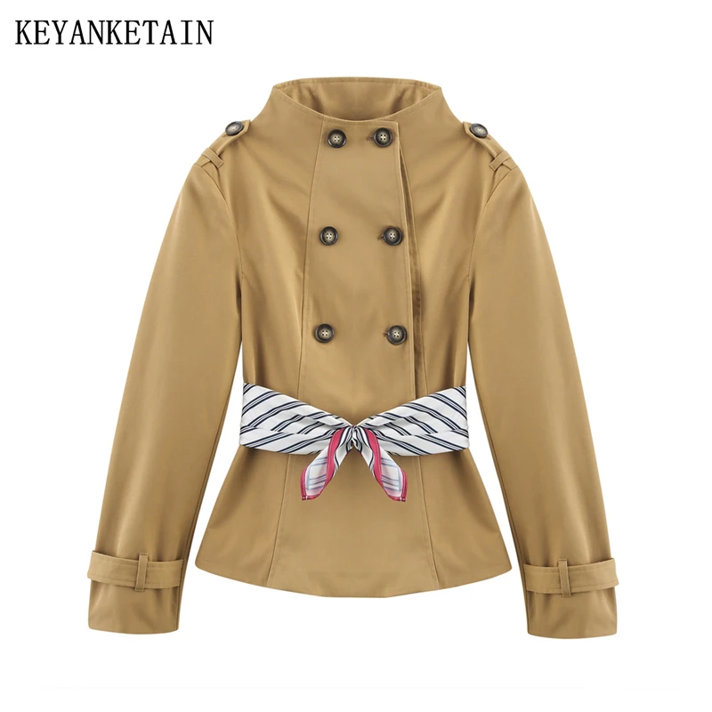 KEYANKETIAN 2025 Spring/Autumn New Women Scarf Decoration Short Trench Coat French Style Double Breasted Stand collar Outerwear
