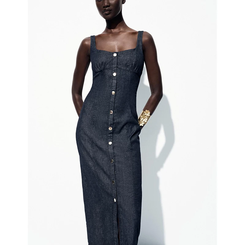 Verão novo feminino midi dr botão decoração redonda ne svel ampla alça de ombro denim dr cintura alta fibra de poliéster