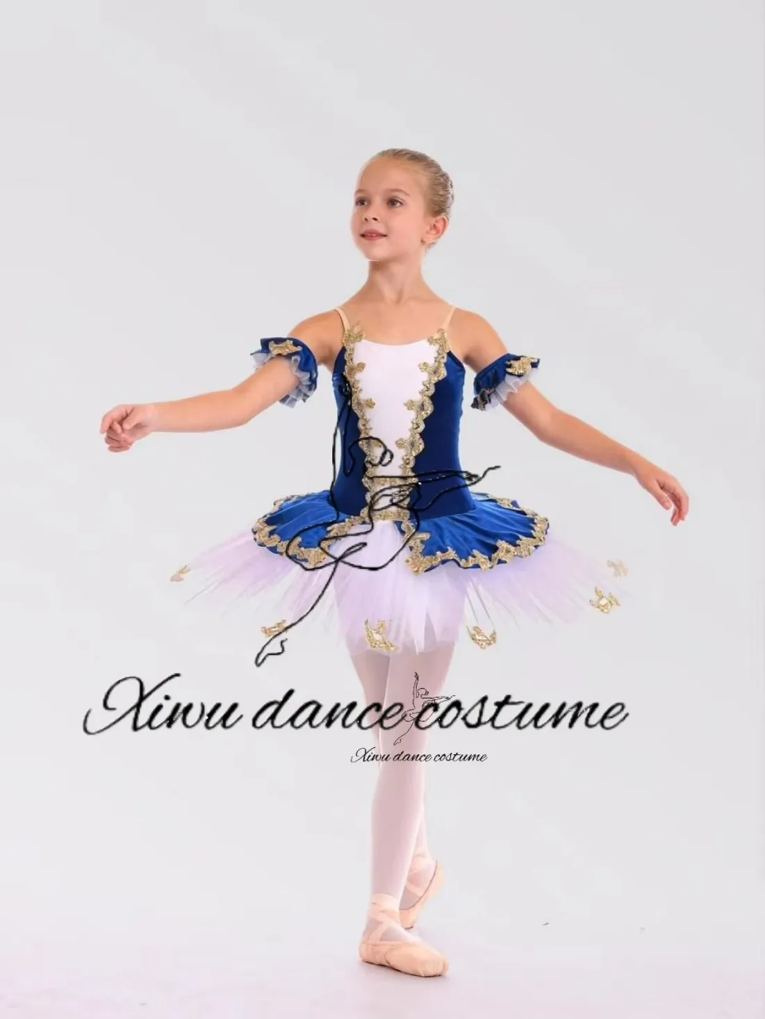 

Vintage Inspired Navy Blue Swan Ballet Costume with Gold Scrollwork & Puff Sleeves
