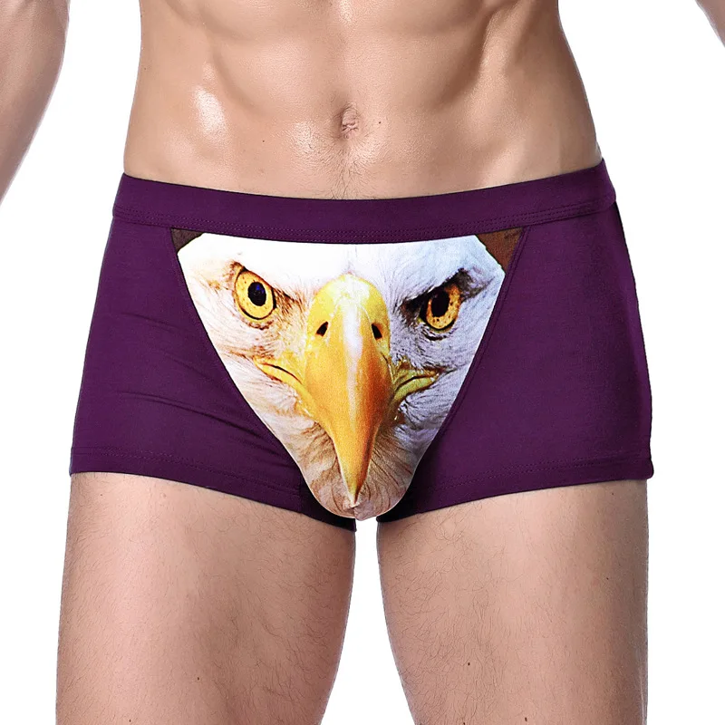 Calcinha de Boxer Masculina Respirável, Calcinha de Personalidade 3D Cabeça de Lobo Criativa Cabeça de Águia Cueca Modal Cintura Média, Animal Print