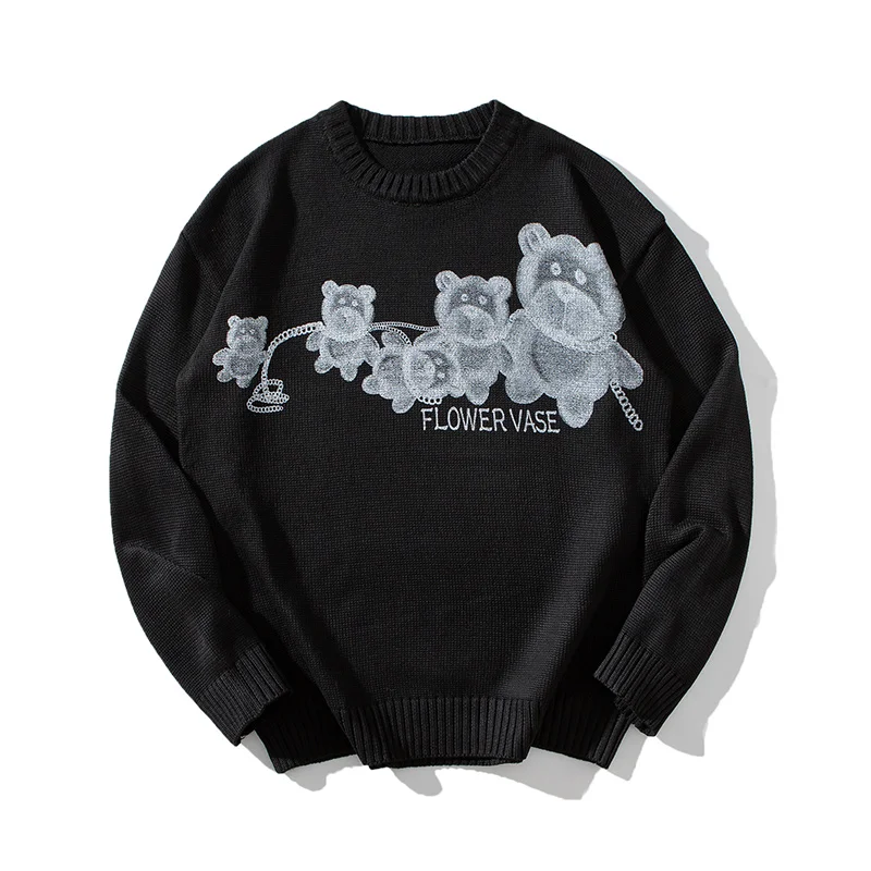 Men's Autumn Winter Round Neck Cartoon Letter Solid Pullover Long Sleeve Undershirt Sweater Knitted Fashion Office Lady Tops