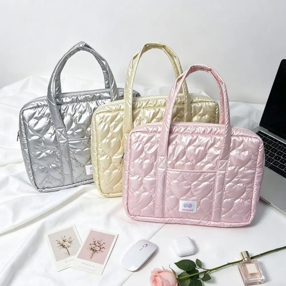 INS Shiny PU Laptop Bag Heart Quilted Puffy Notebook Sleeve Handheld Tablet Protective Case Women Girls
