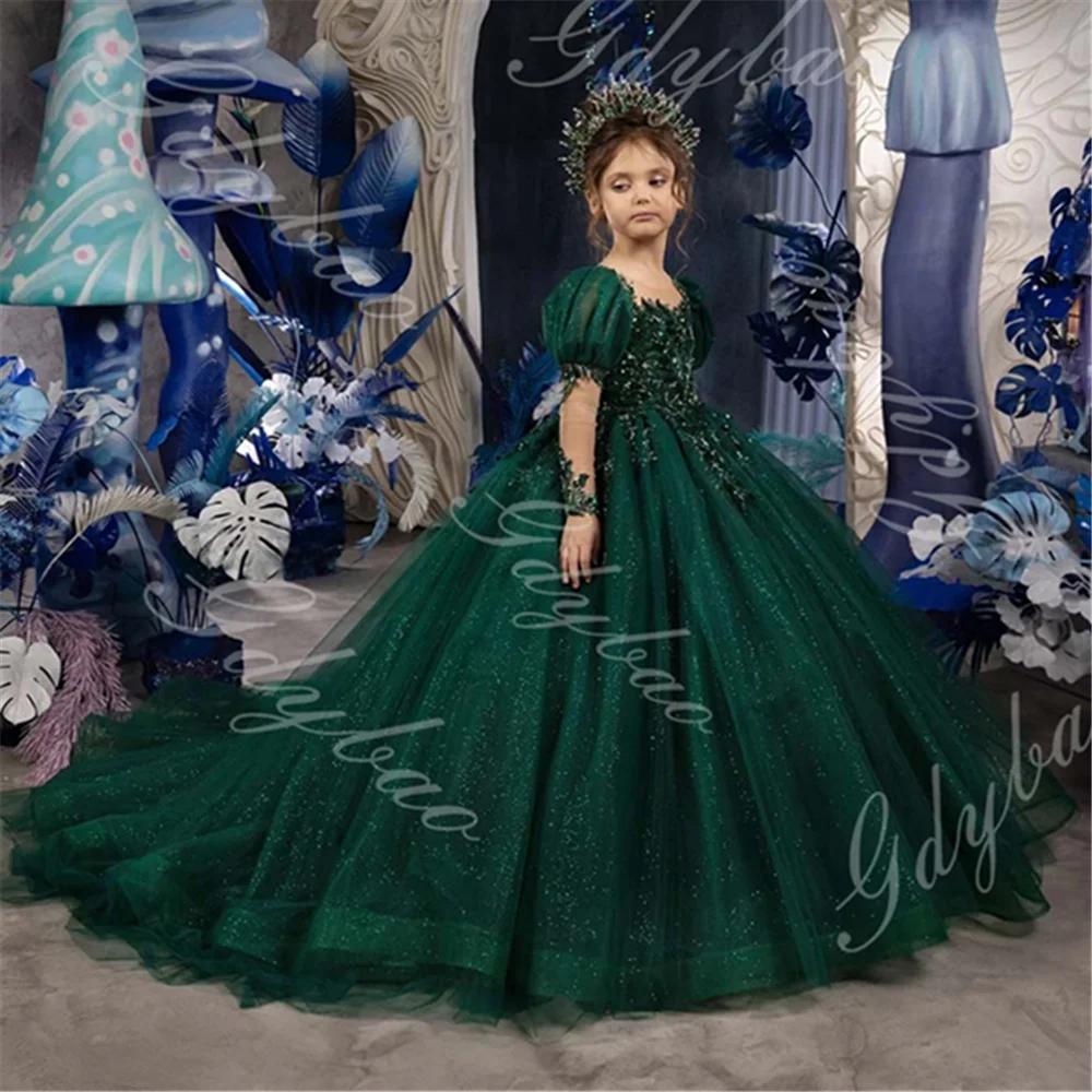 

Emerald Green Pageant Dress Sparkly Toddlers Beaded Applique Flower Girl Dress for Wedding Kids Full Sleeve Birthday Party Gowns