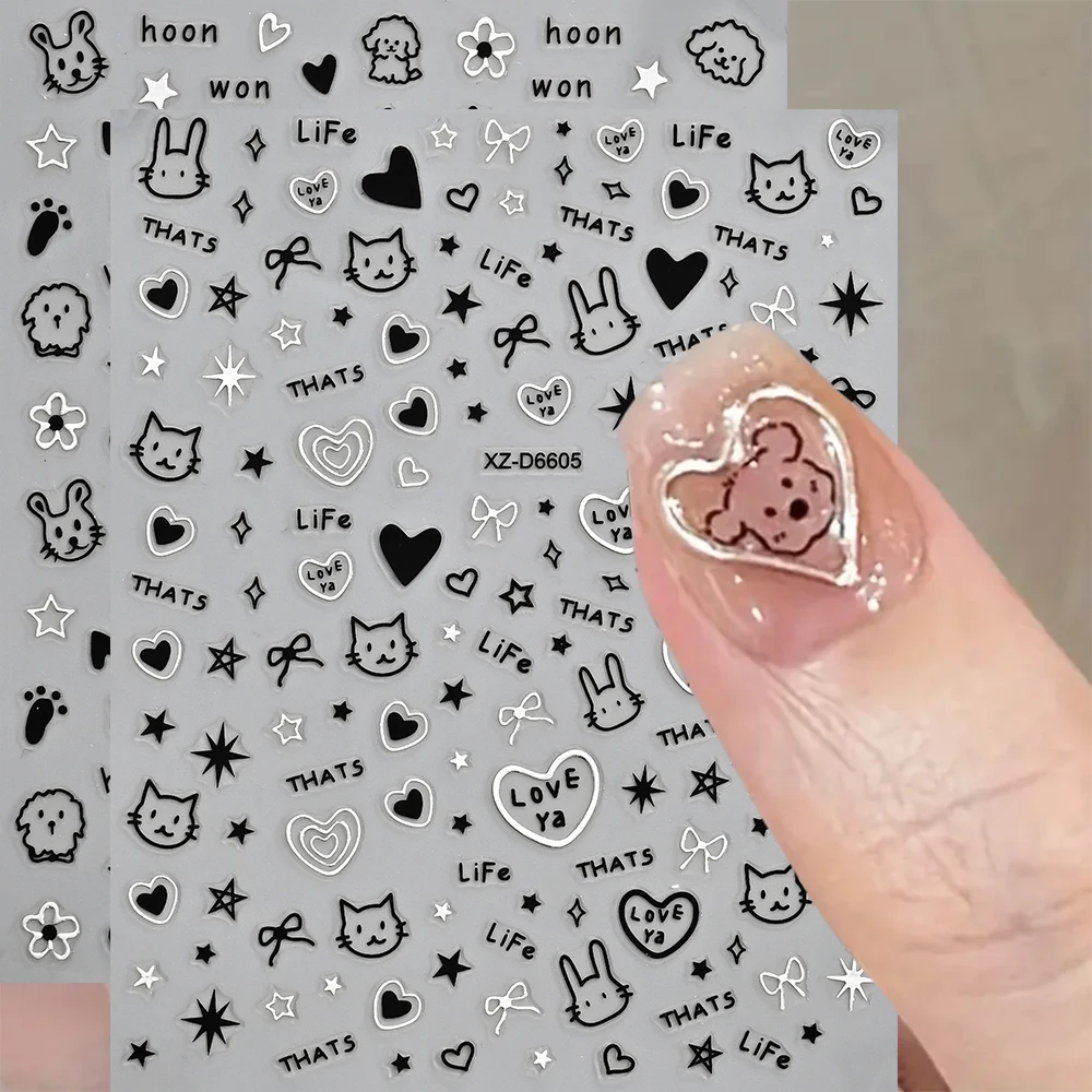 

1Pc 3D Cute Line Dog&Cat Animals Series Nail Stickers Decals Lovely Puppy Waterproof Back Glue Sliders Girls DIY Nail Decoration