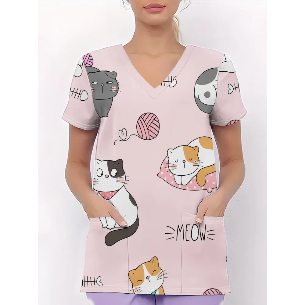 

Women's Surgical Scrubs Turquoise Christmas V-Neck Short Sleeve Pocket T-Shirt Cute Dental Doctor Casual Scrubs Uniform Woman