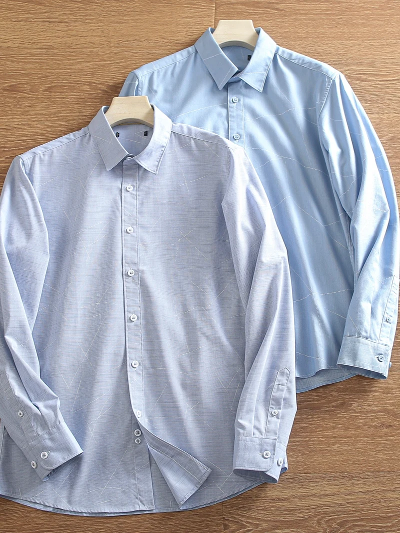 

Spring Fashion Urban Men's Long Sleeve Casual Shirt with Embroidered Stripes Stand Collar Standard Fit Business Casual Shirt