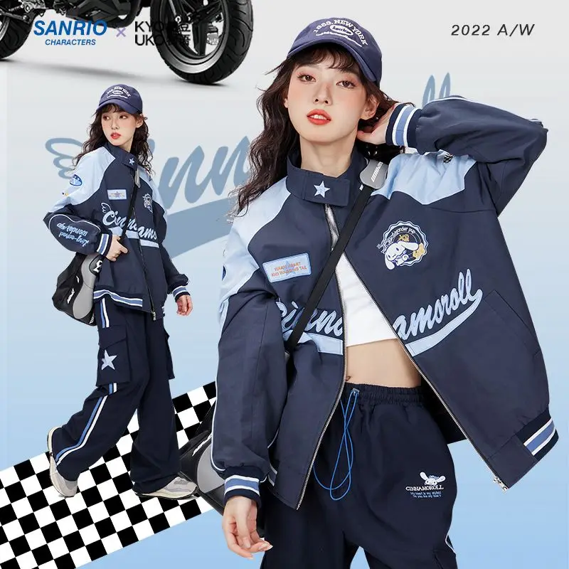 kawaii Sanrio motorcycle assault suit anime hot girl American Retro Cinnamoroll coat y2k Gift Versatile Loose girl coat Pants