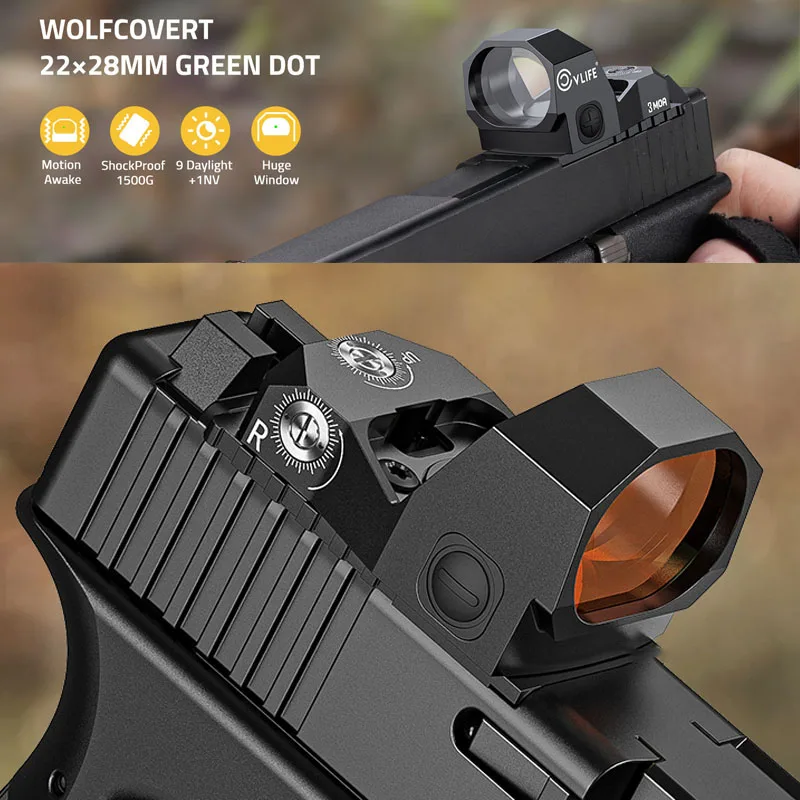 

WolfCovert Full-Sized Optic Motion Awake Red Green Dot Sight for Cut Footprint 28mm Lens 3MOA Shockproof Open Reflex Sight